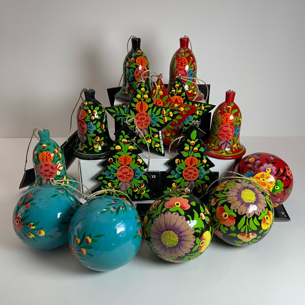 NWT paper mache hand painted Christmas ornaments, set of 15